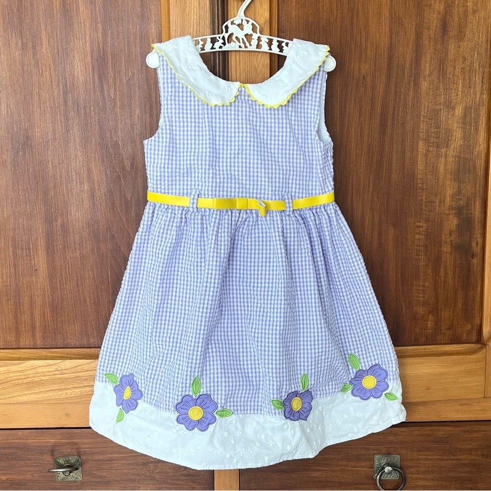 Blueberi Boulevard Girls Purple Gingham Dress with Floral Embroidery 4T
